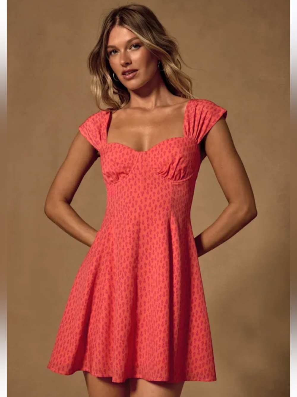 Filicia Coral Ditsy Floral Cap Sleeve Mini Dress